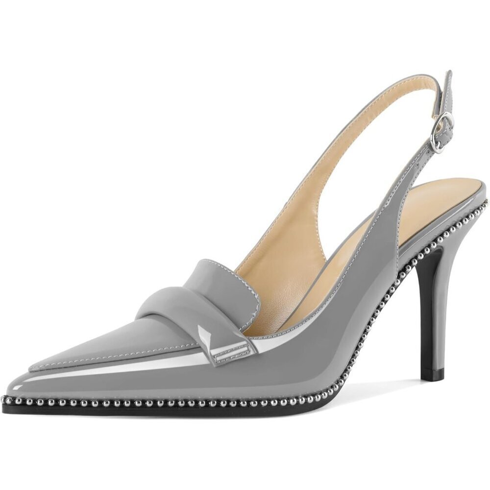 Women Grey Stiletto Beaded Shoes Pointed Toe Slip On Loafers Slingback Heel